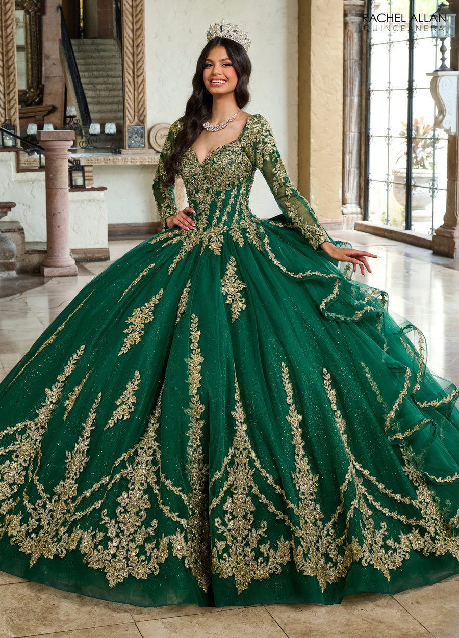 Quinceniera Dresses Quinceniera Detachable Long Sleeve Ruffle Long Ball Gown Emerald Gold