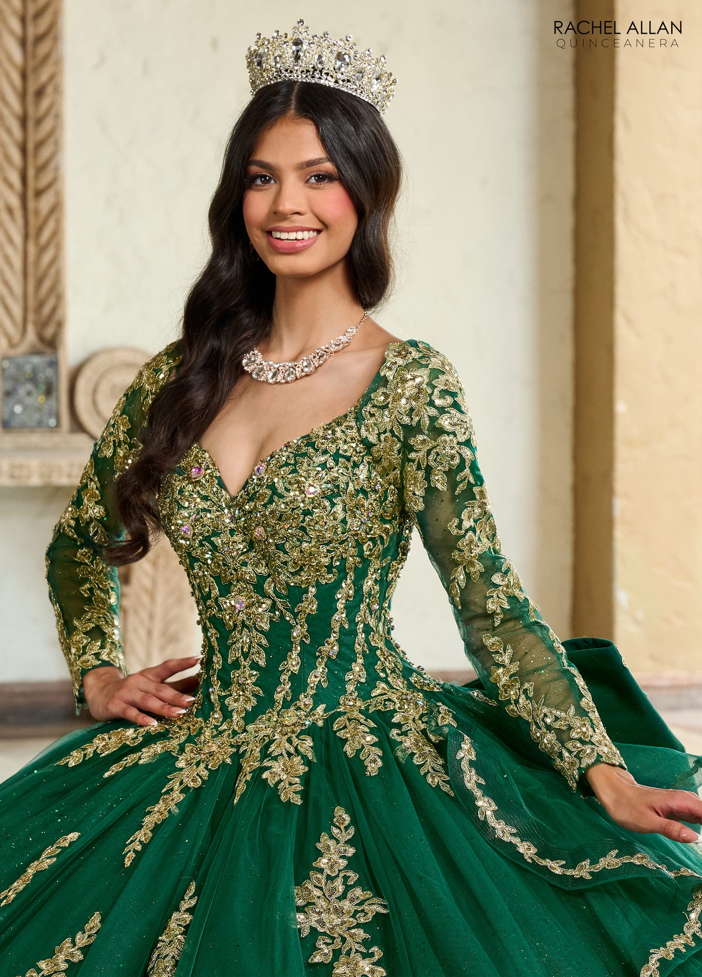 Quinceniera Dresses Quinceniera Detachable Long Sleeve Ruffle Long Ball Gown Emerald Gold