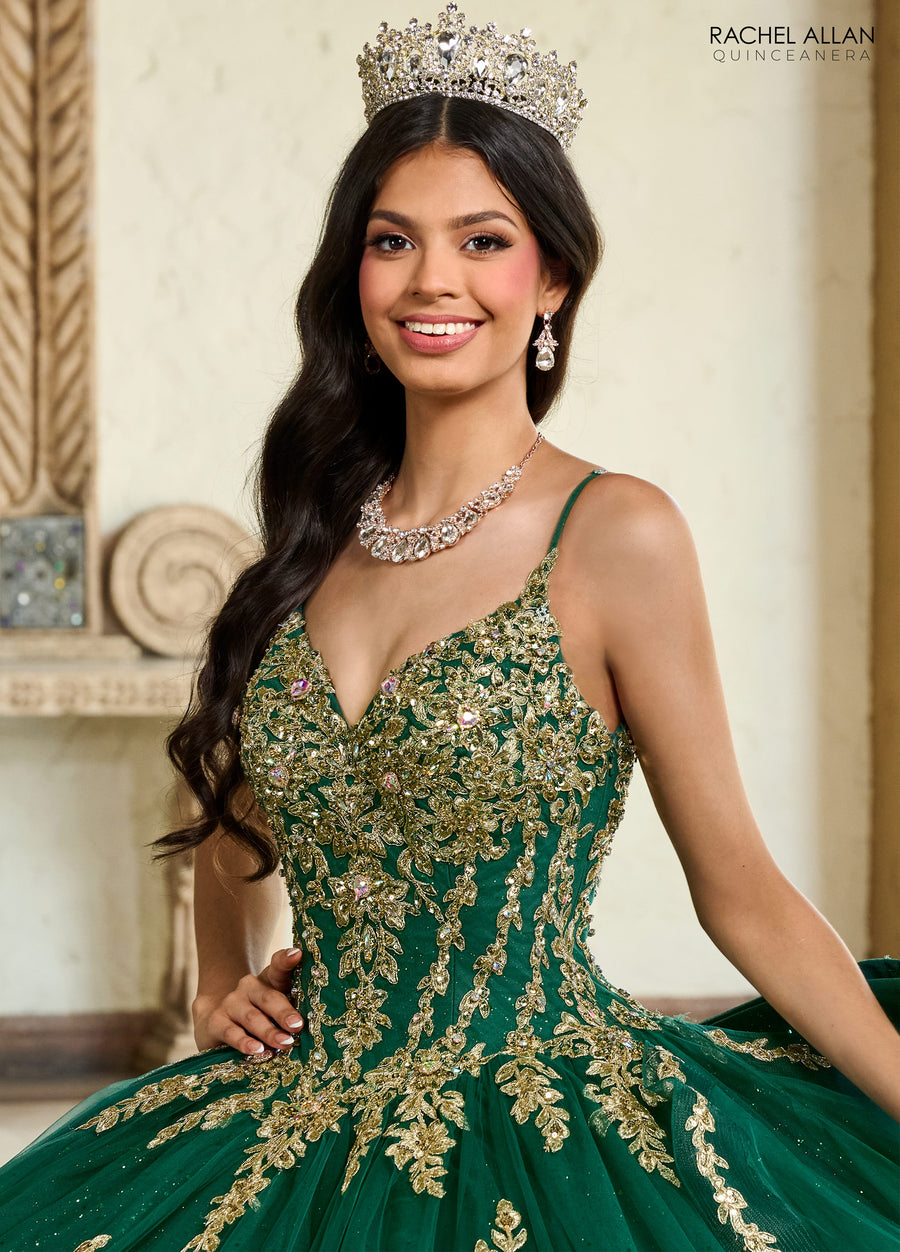 Quinceniera Dresses Quinceniera Detachable Long Sleeve Ruffle Long Ball Gown Emerald Gold