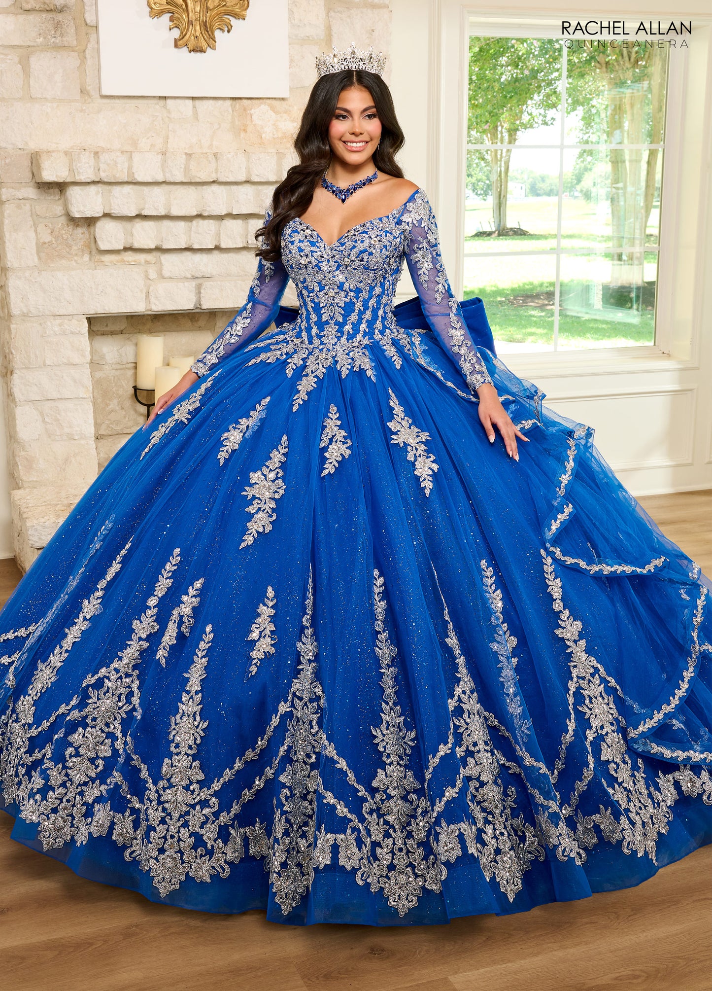 Quinceniera Dresses Quinceniera Detachable Long Sleeve Ruffle Long Ball Gown Royal Silver