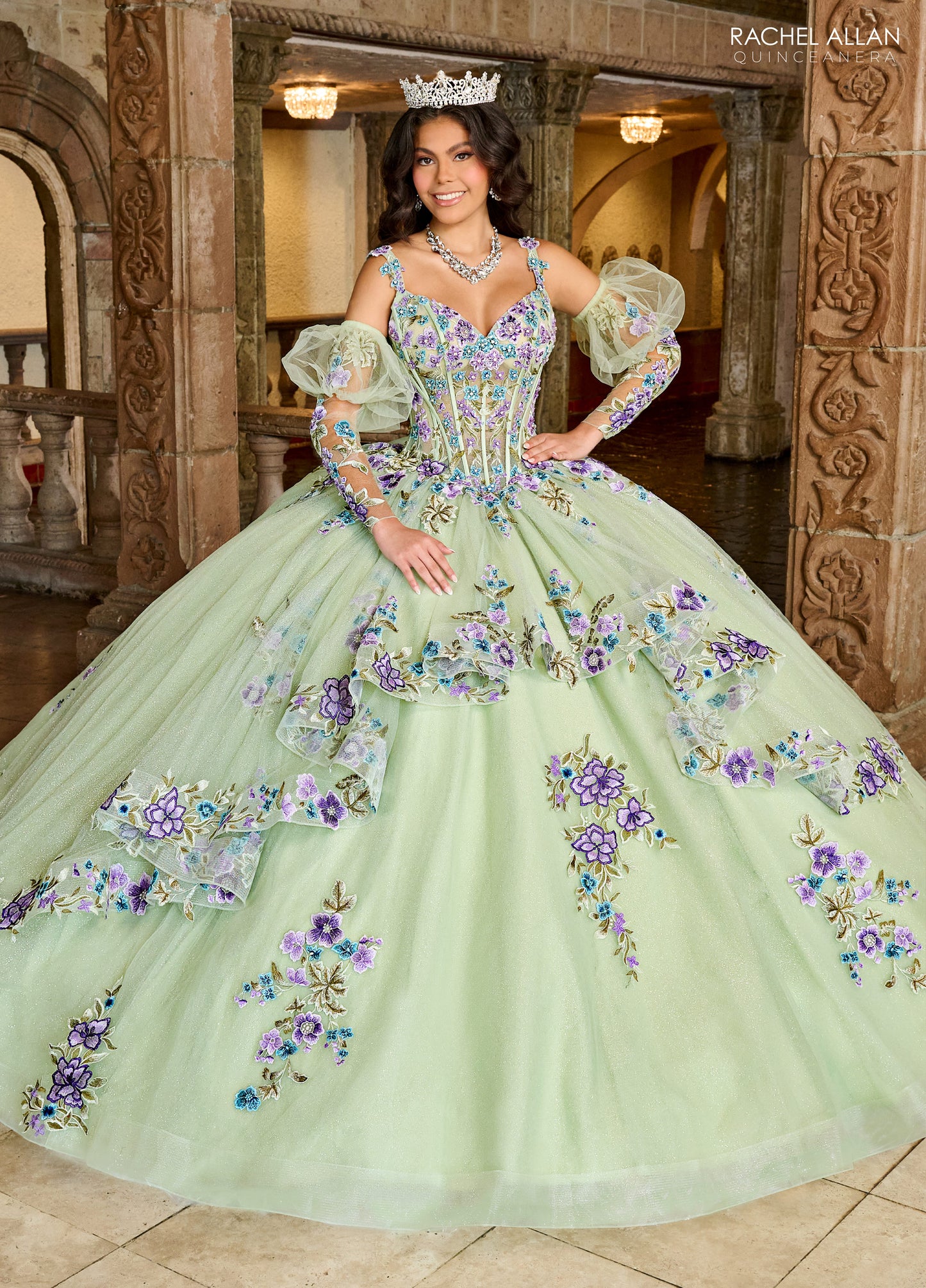 Quinceniera Dresses Quinceniera Detachable Sleeve Long Ball Gown Sage Multi