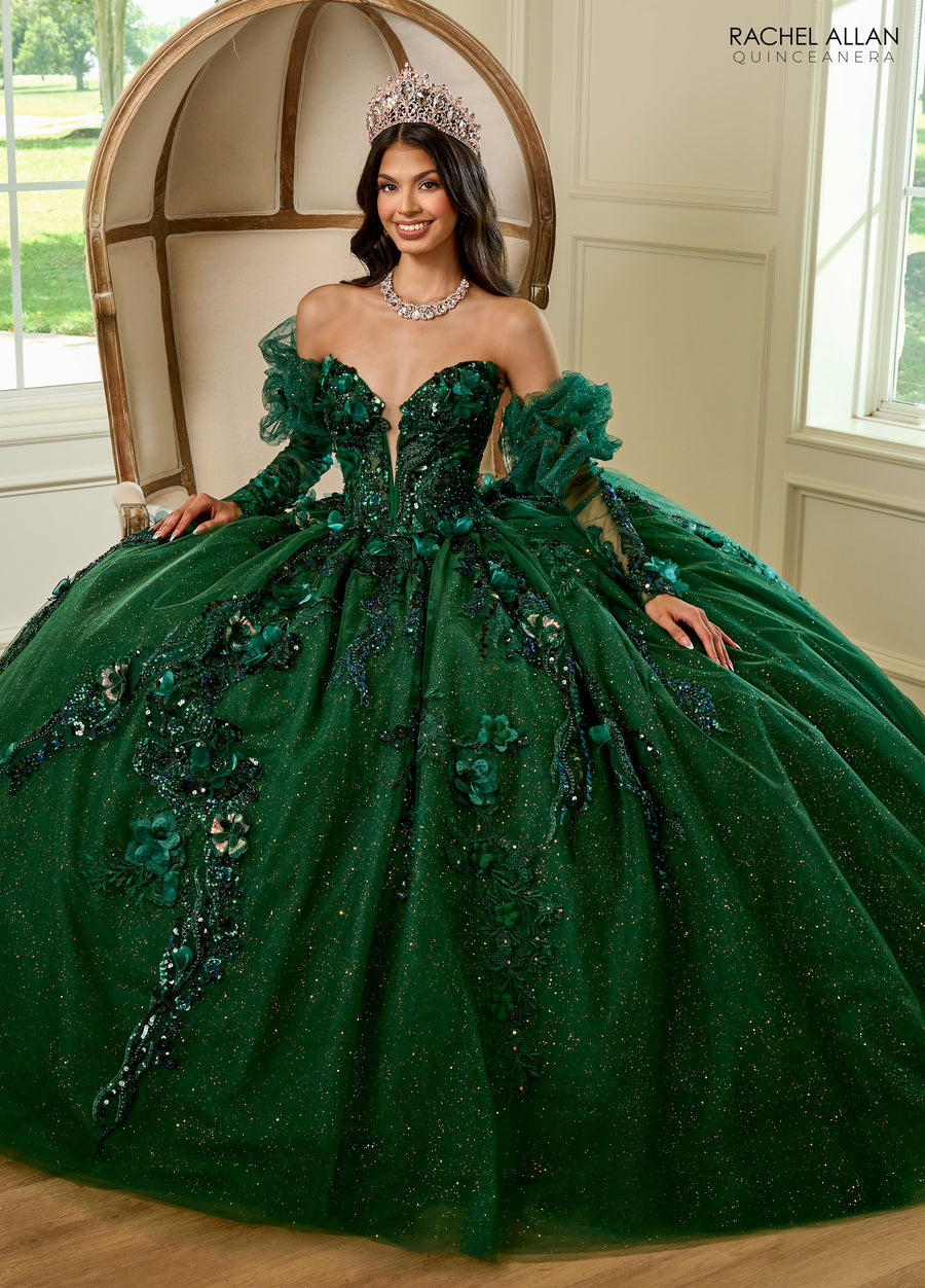 Quinceniera Dresses Long Quinceniera Detachable Sleeve Ball Gown Emerald