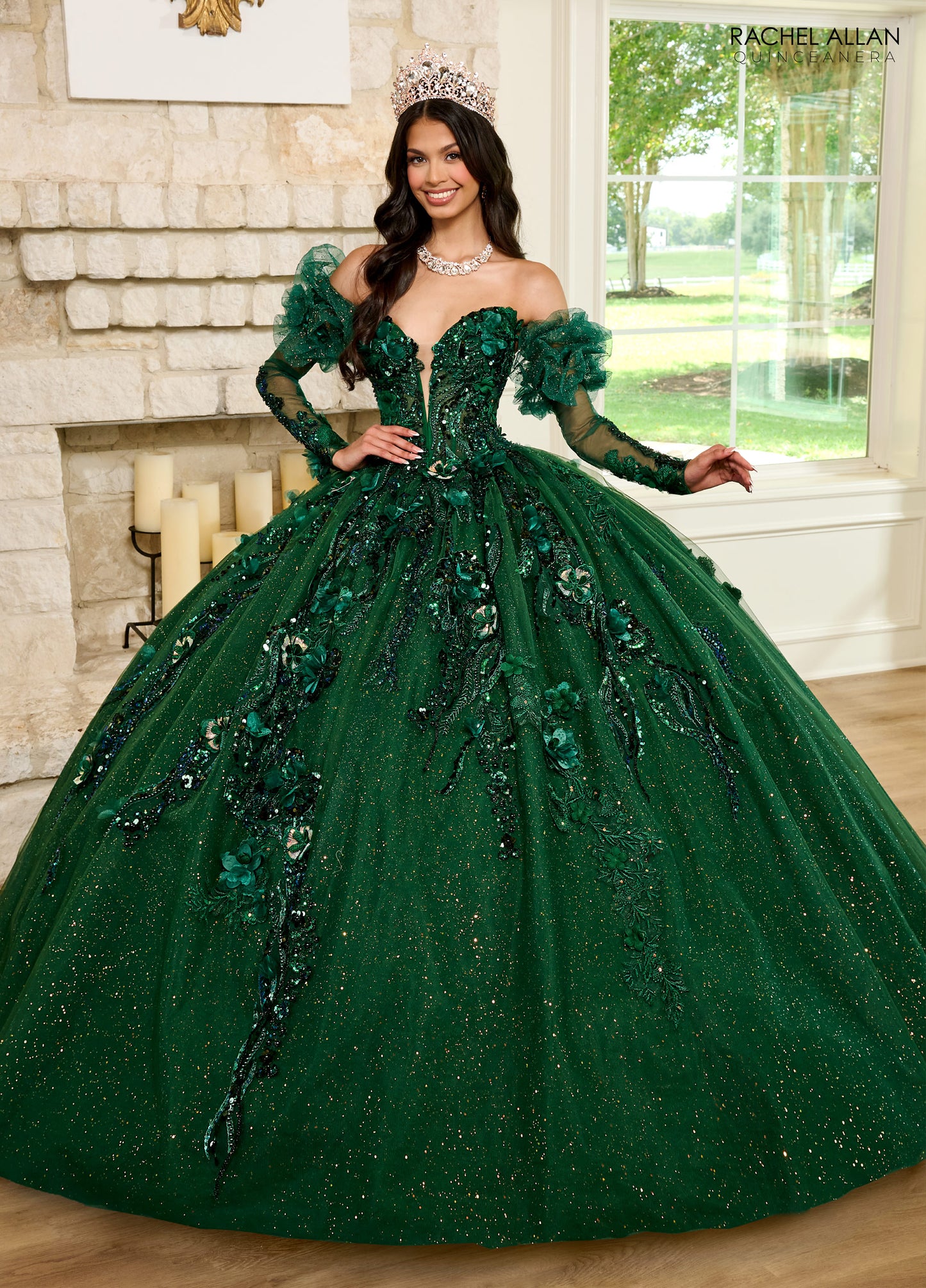 Quinceniera Dresses Long Quinceniera Detachable Sleeve Ball Gown Emerald