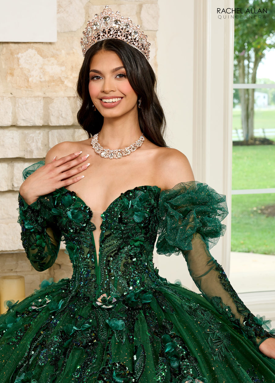 Quinceniera Dresses Long Quinceniera Detachable Sleeve Ball Gown Emerald