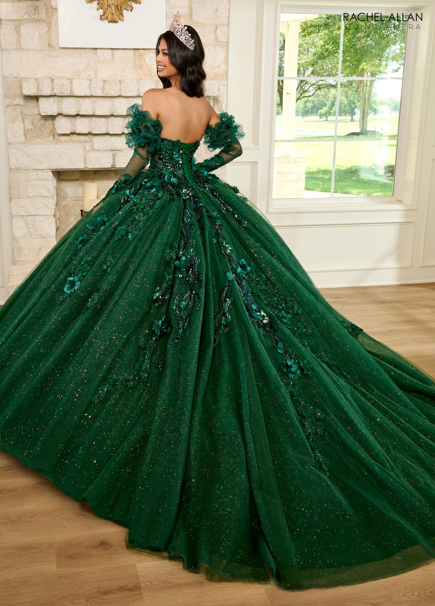 Quinceniera Dresses Long Quinceniera Detachable Sleeve Ball Gown Emerald