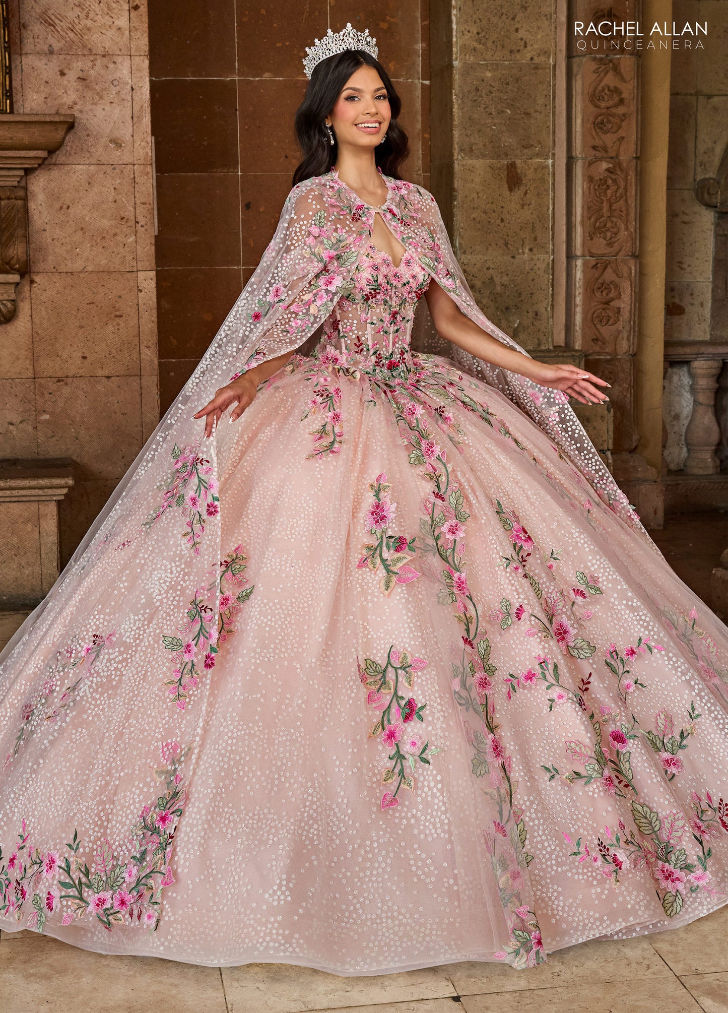 Quinceanera Dresses Long Quinceanera Detachable Cape Ball Gown Blush Multi