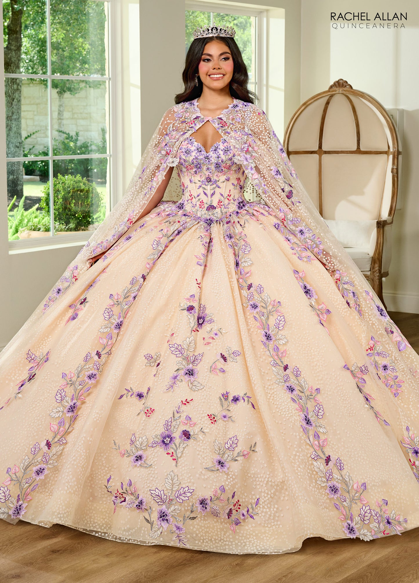 Quinceanera Dresses Long Quinceanera Detachable Cape Ball Gown Champagne Multi