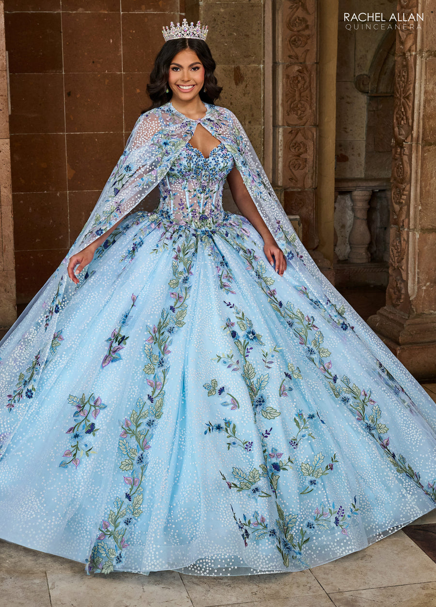 Quinceanera Dresses Long Quinceanera Detachable Cape Ball Gown Light Blue Multi