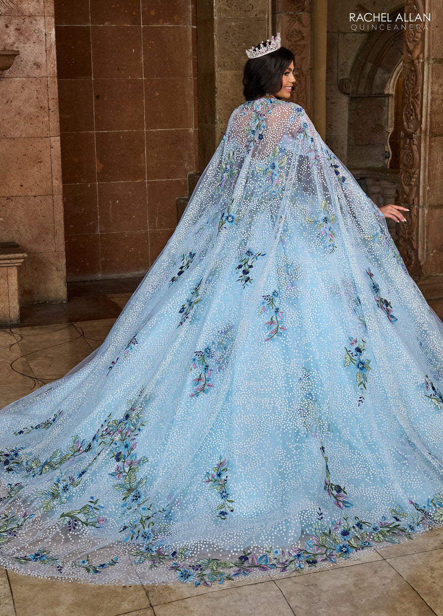 Quinceanera Dresses Long Quinceanera Detachable Cape Ball Gown Light Blue Multi