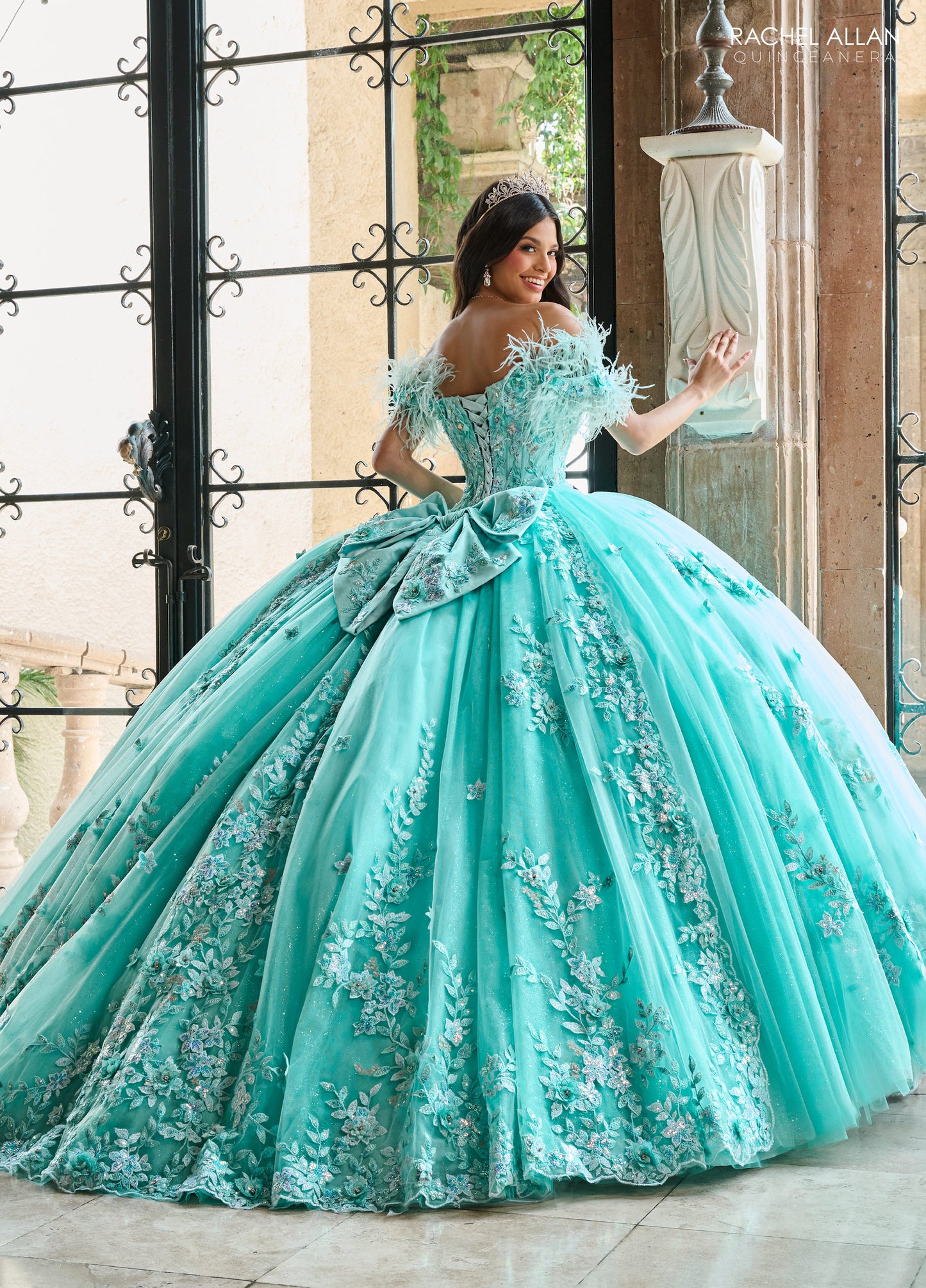 Quinceanera Dresses Long Quinceanera Feather Ball Gown Aqua