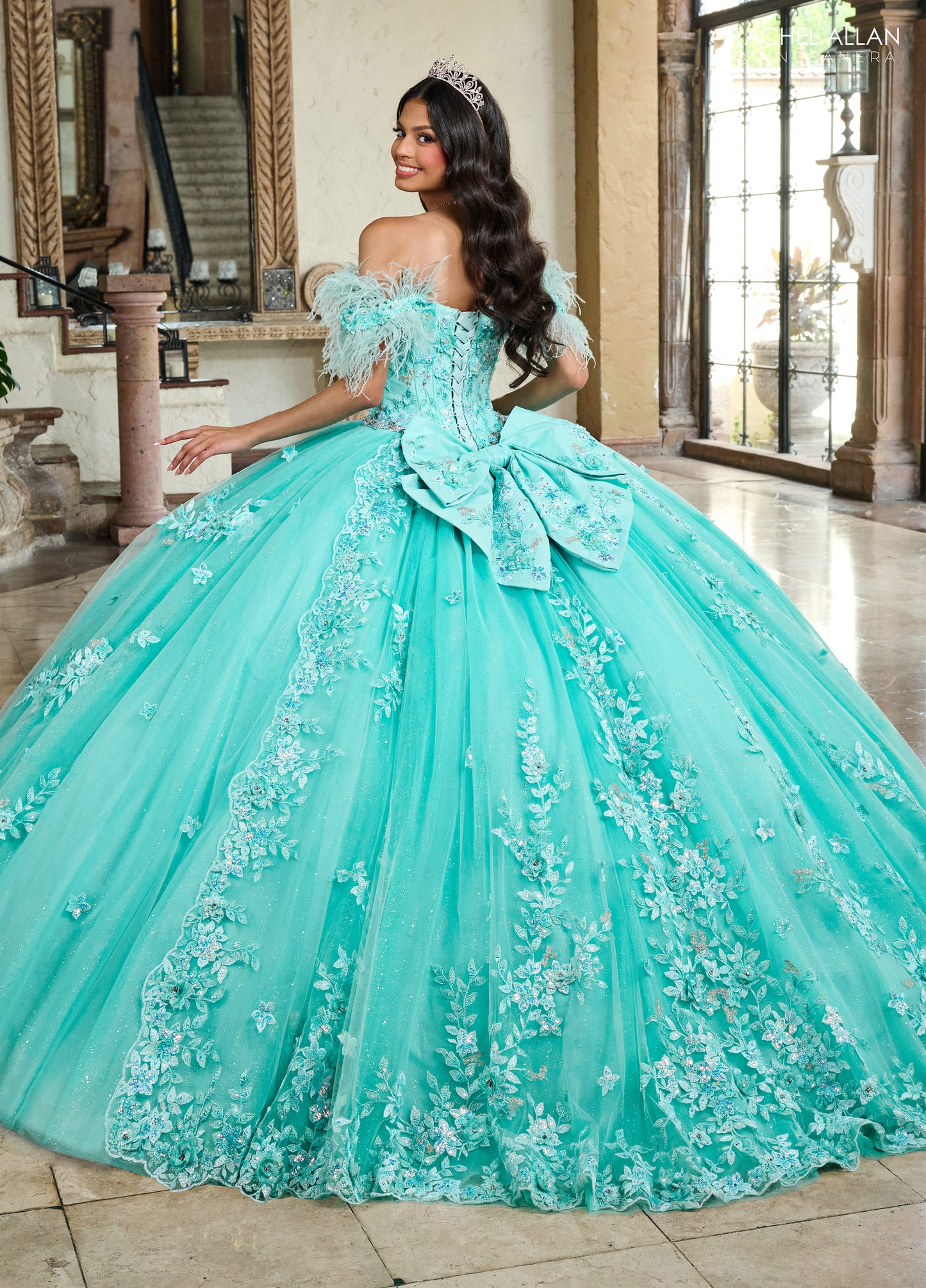 Quinceanera Dresses Long Quinceanera Feather Ball Gown Aqua