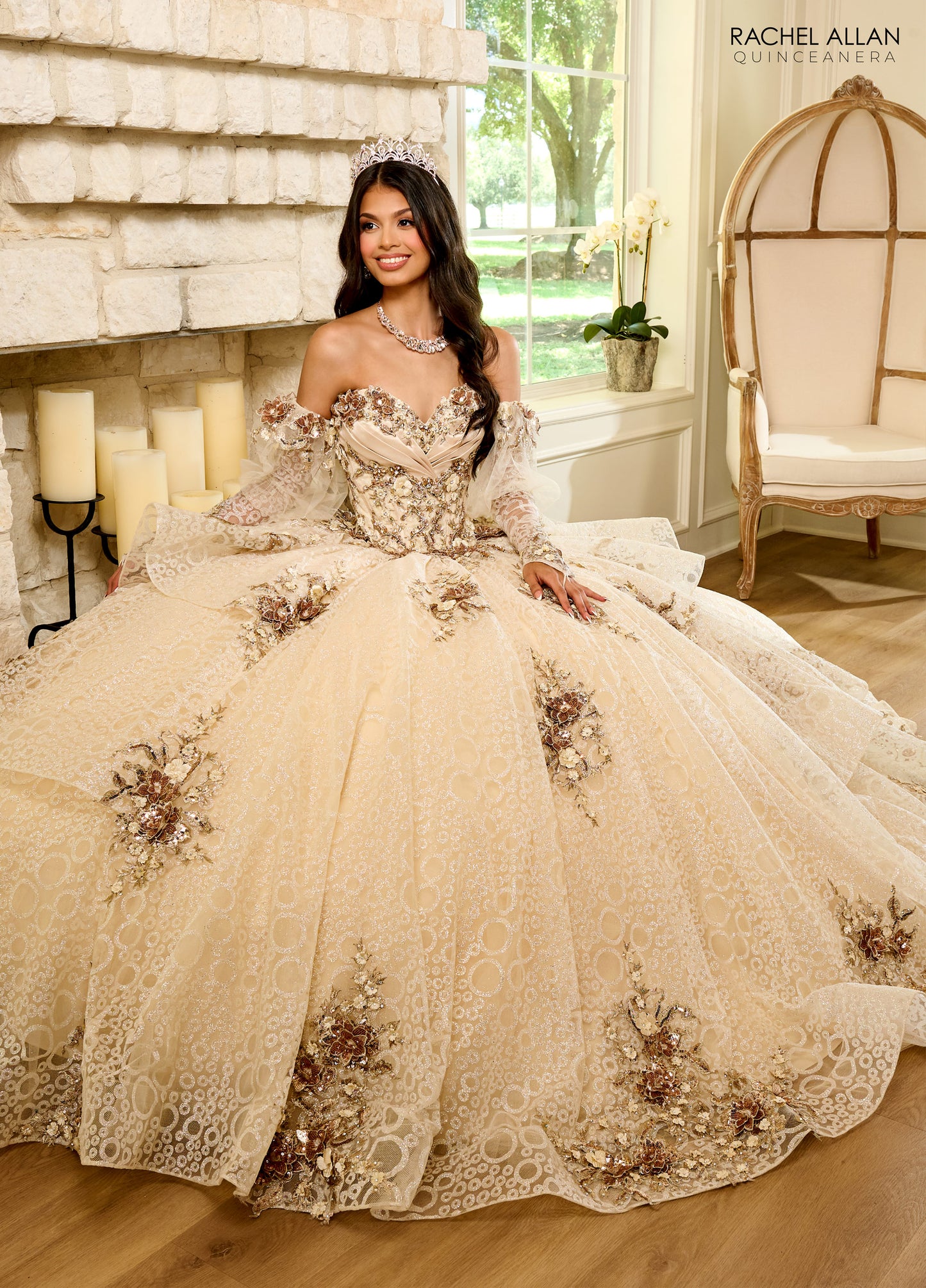 Quinceanera Dresses Quinceanera Detachable Sleeve Long Ball Gown Champagne Gold