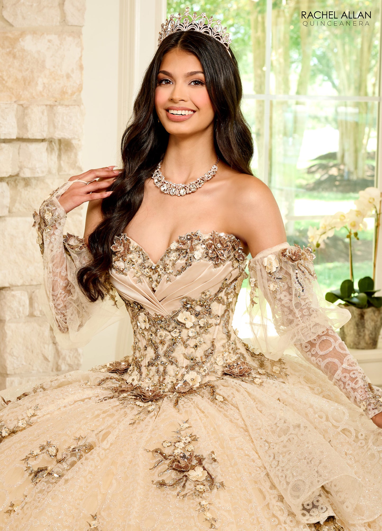 Quinceanera Dresses Quinceanera Detachable Sleeve Long Ball Gown Champagne Gold