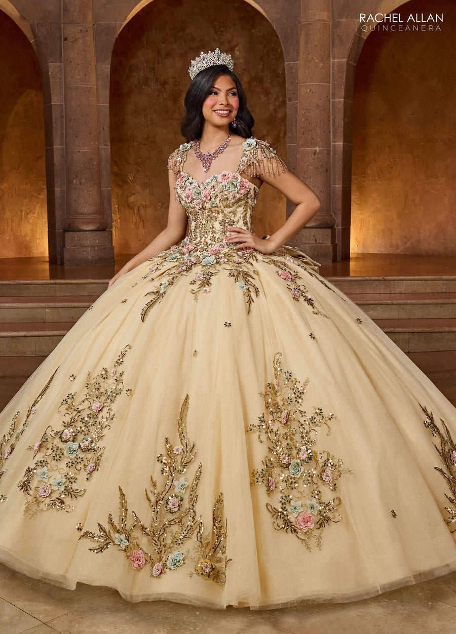 Quinceanera Dresses Long Quinceanera 3d Flower Ball Gown Champagne Gold Multi