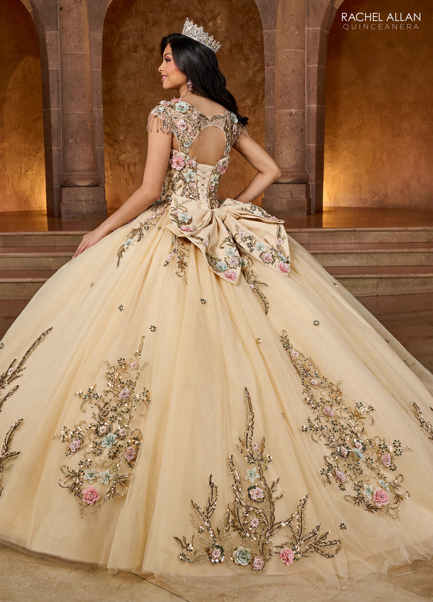 Quinceanera Dresses Long Quinceanera 3d Flower Ball Gown Champagne Gold Multi