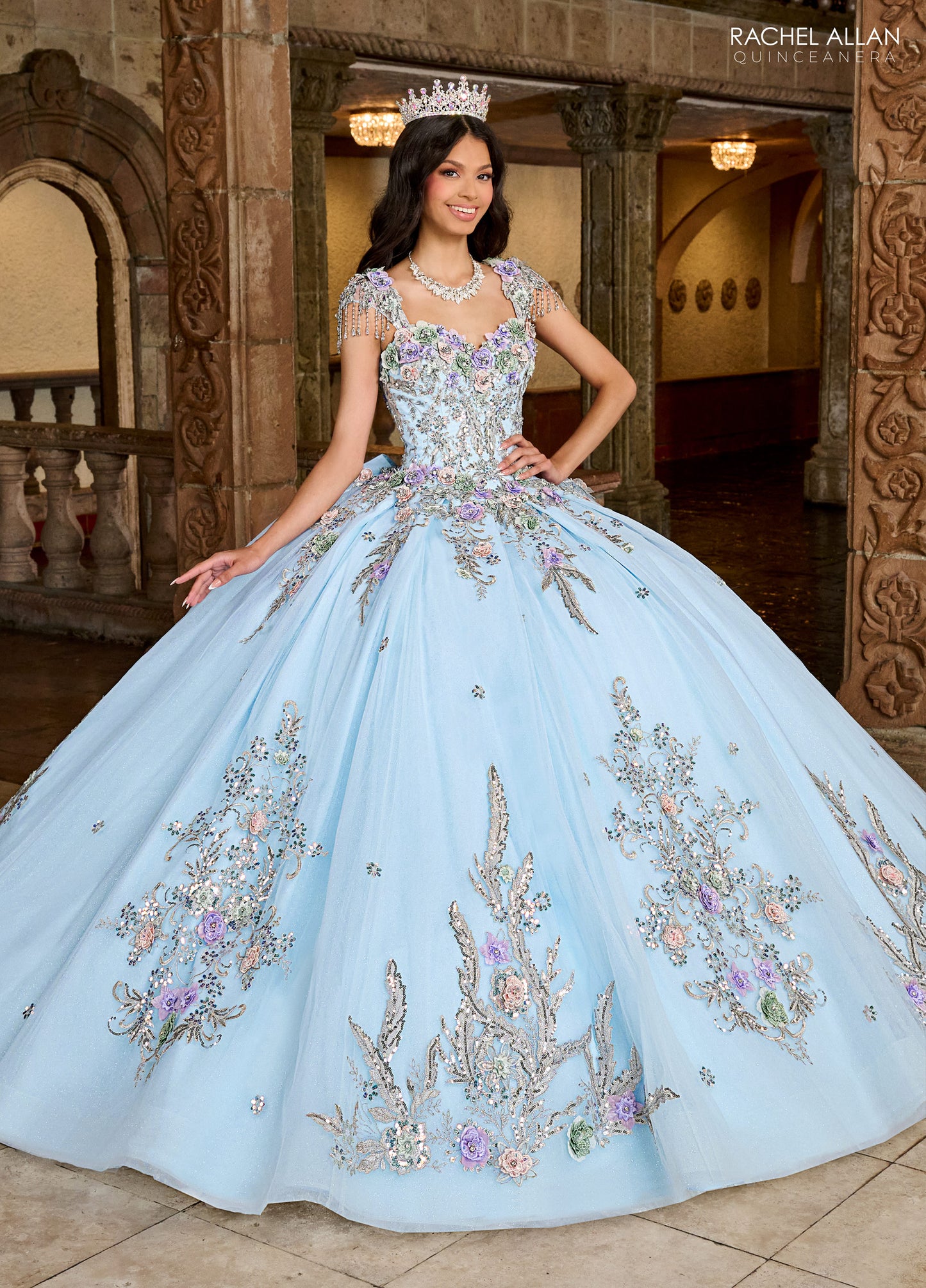 Quinceanera Dresses Long Quinceanera 3d Flower Ball Gown Light Blue Silver Multi