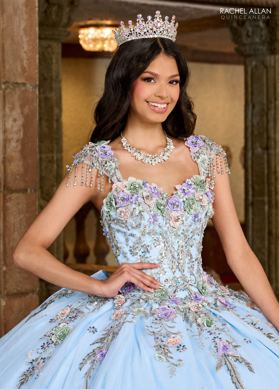 Quinceanera Dresses Long Quinceanera 3d Flower Ball Gown Light Blue Silver Multi