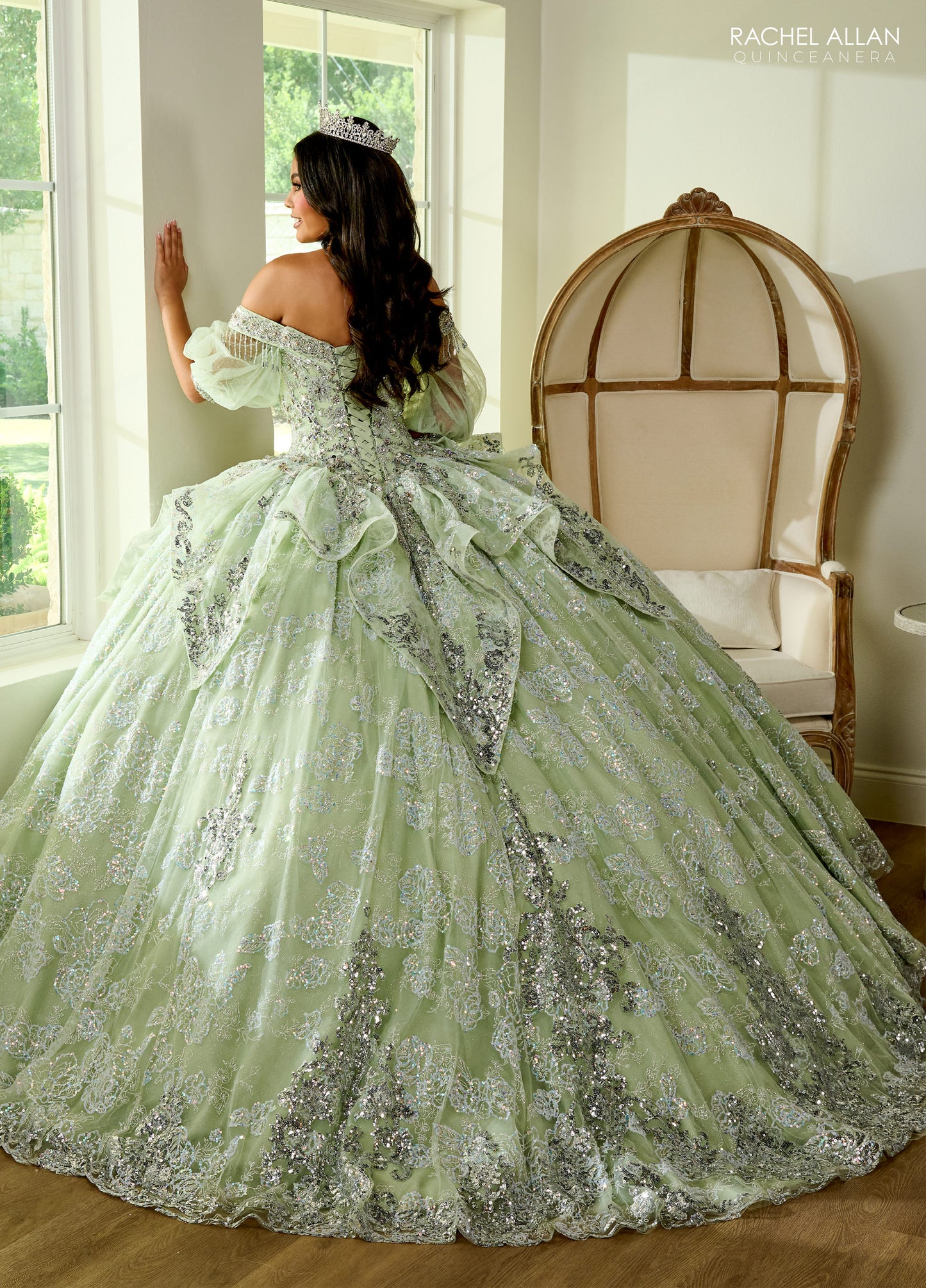 Quinceanera Dresses Long Quinceanera Beaded Detachable Sleeve Ball Gown Sage