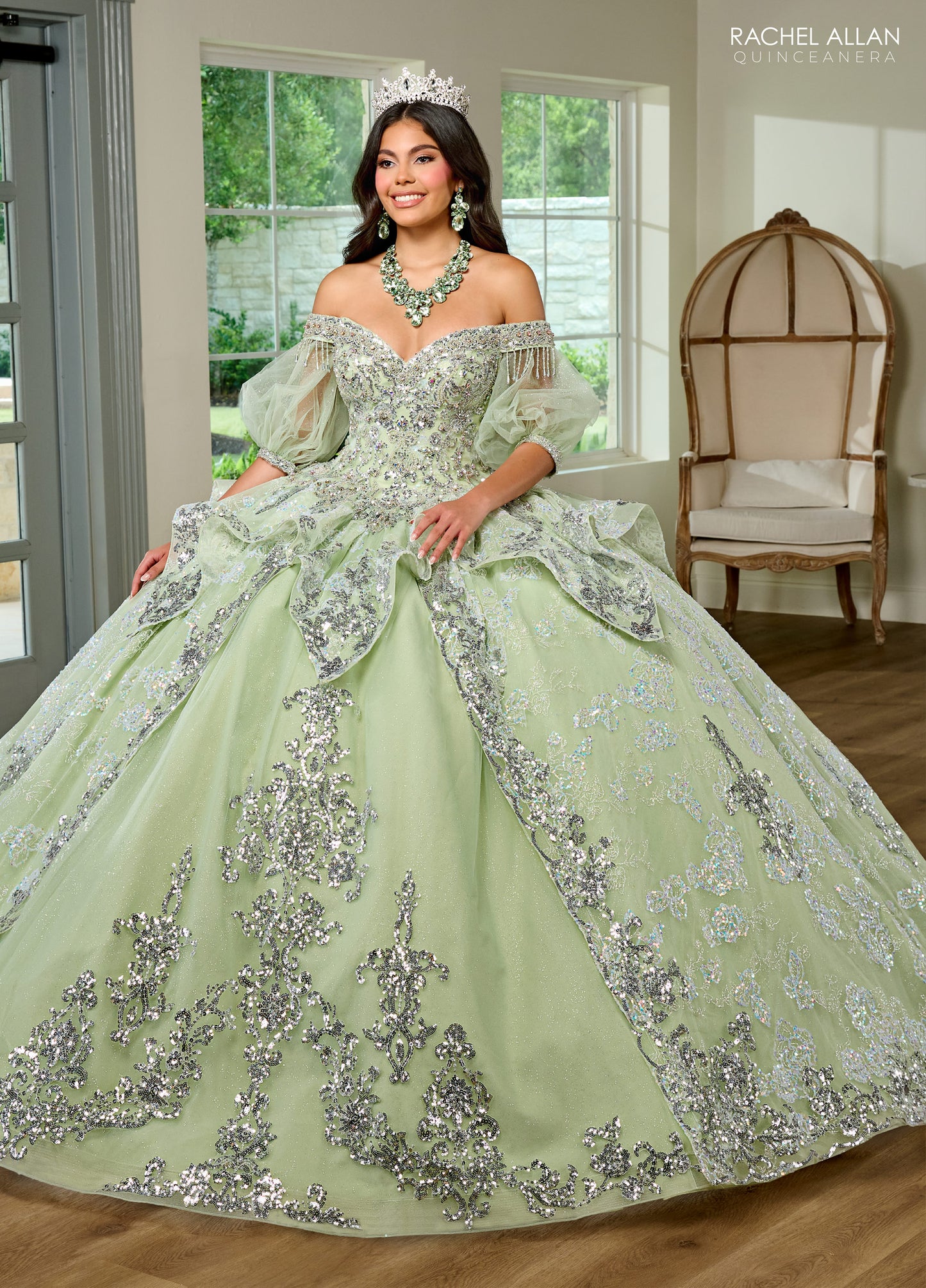 Quinceanera Dresses Long Quinceanera Beaded Detachable Sleeve Ball Gown Sage