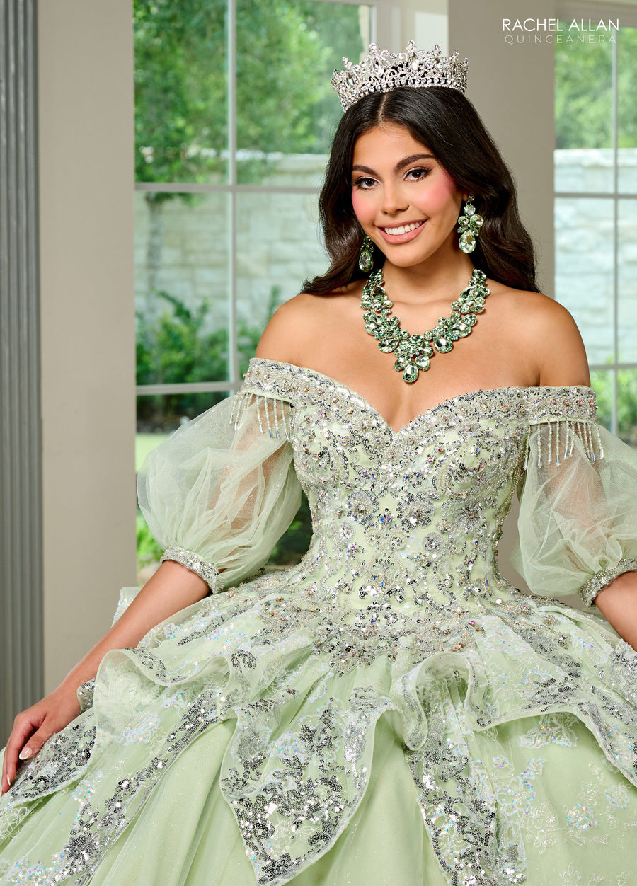 Quinceanera Dresses Long Quinceanera Beaded Detachable Sleeve Ball Gown Sage