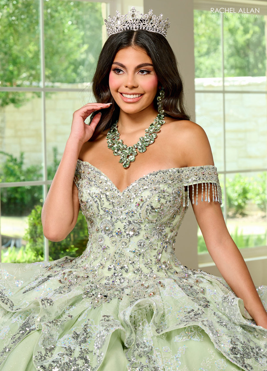 Quinceanera Dresses Long Quinceanera Beaded Detachable Sleeve Ball Gown Sage