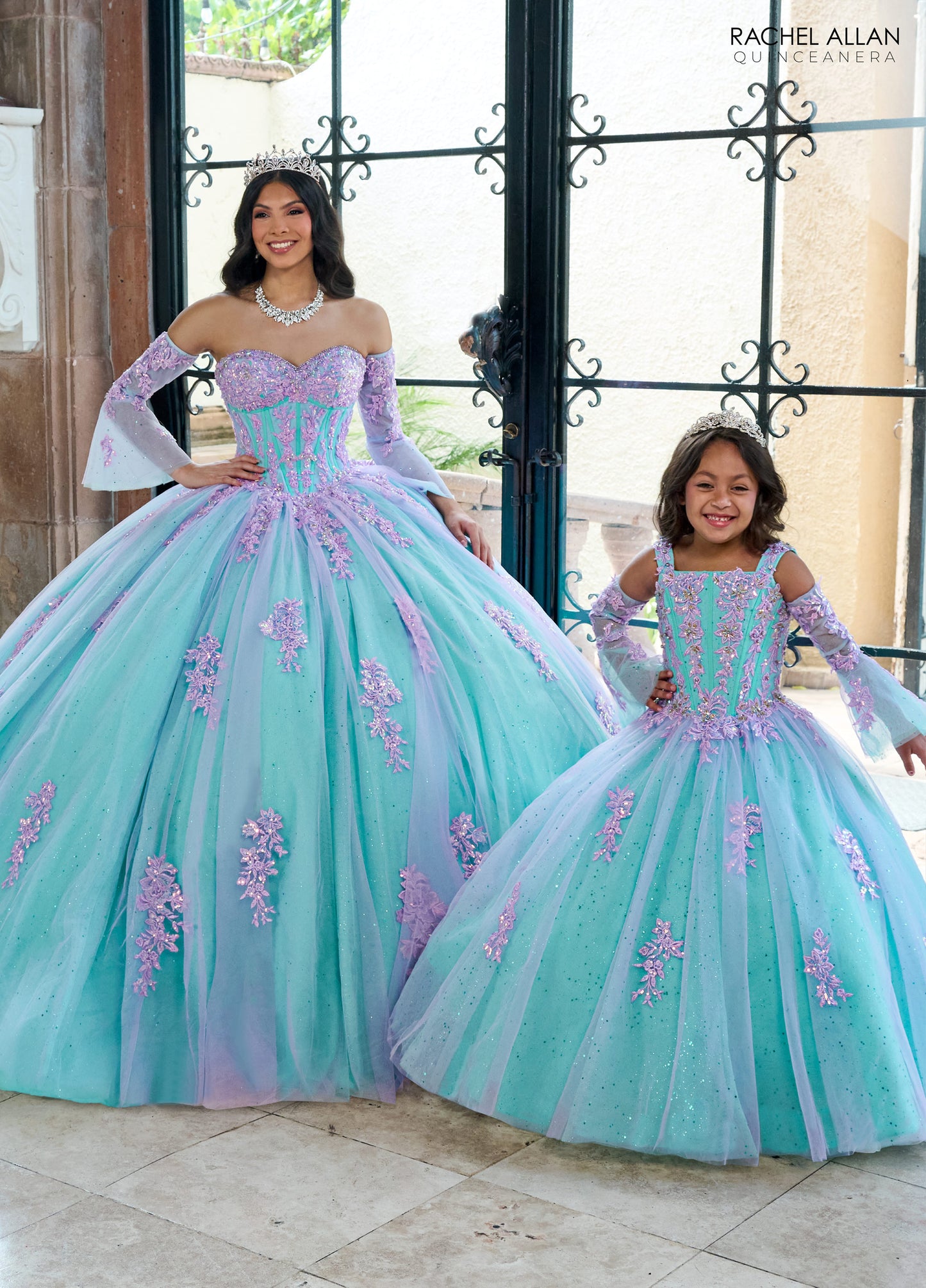 Flower Girl Dresses Glitter Flower Girl Dress with Detachable Sleeves Lilac Aqua