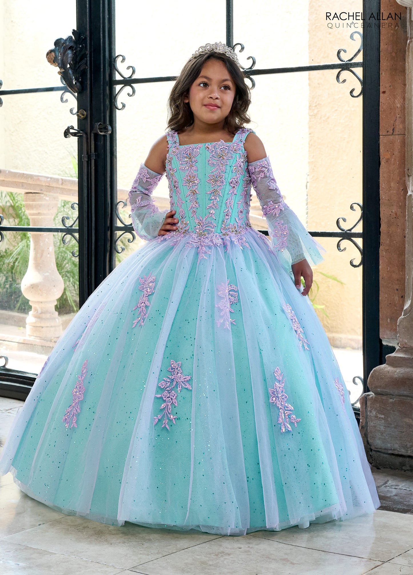 Flower Girl Dresses Glitter Flower Girl Dress with Detachable Sleeves Lilac Aqua