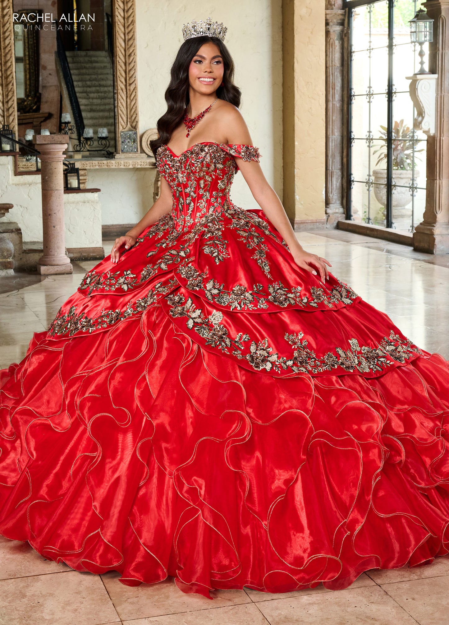 Quinceanera Dresses Long Quinceanera Ruffle Ball Gown Red Gold