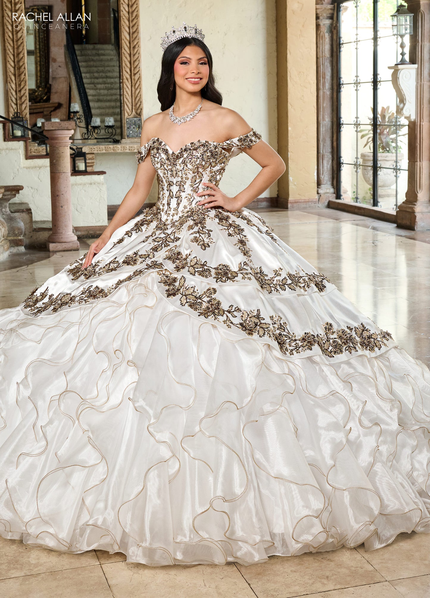 Quinceanera Dresses Long Quinceanera Ruffle Ball Gown White Gold