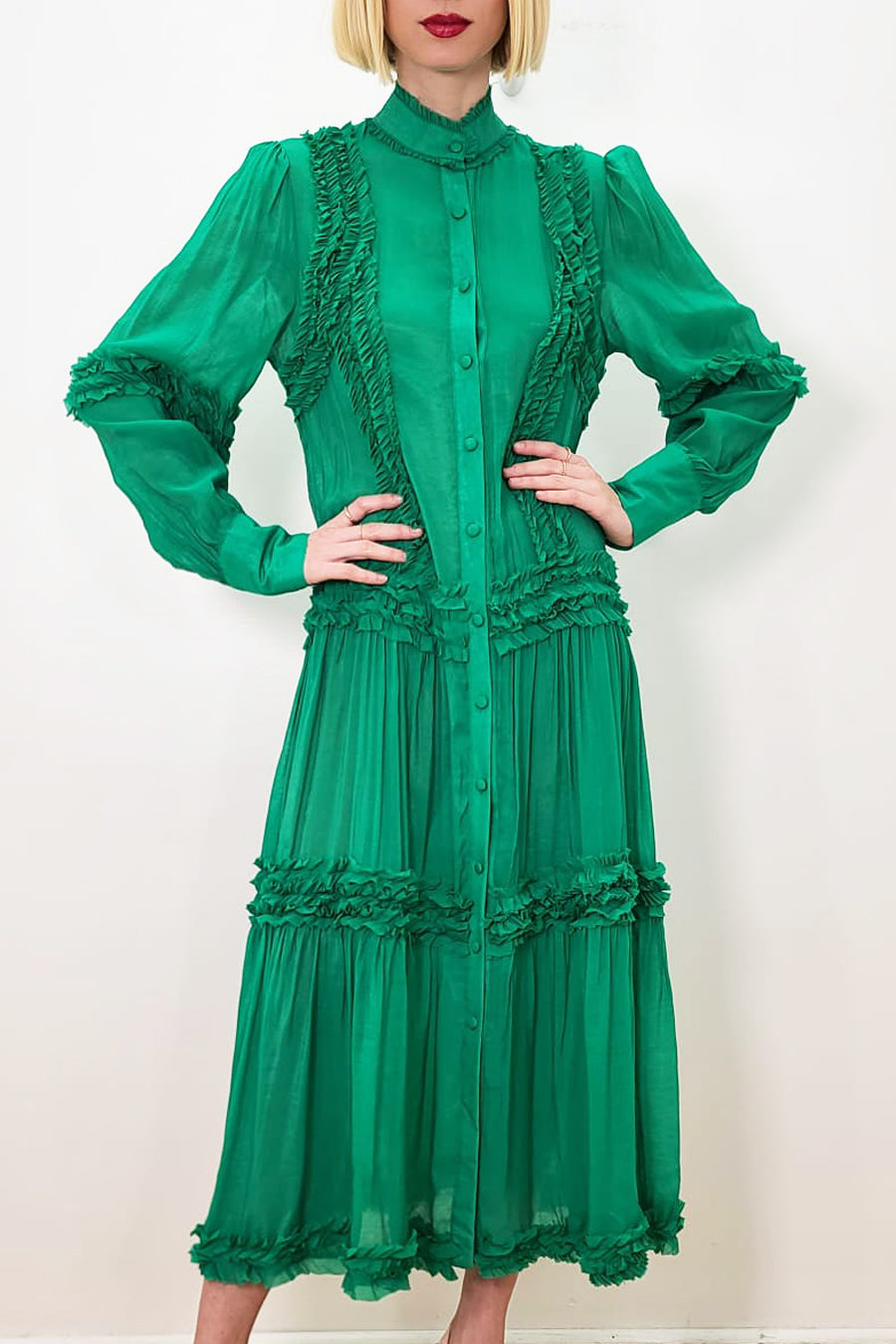 Formal Dresses Long Sleeve Layered Button Down Chiffon Dress Green