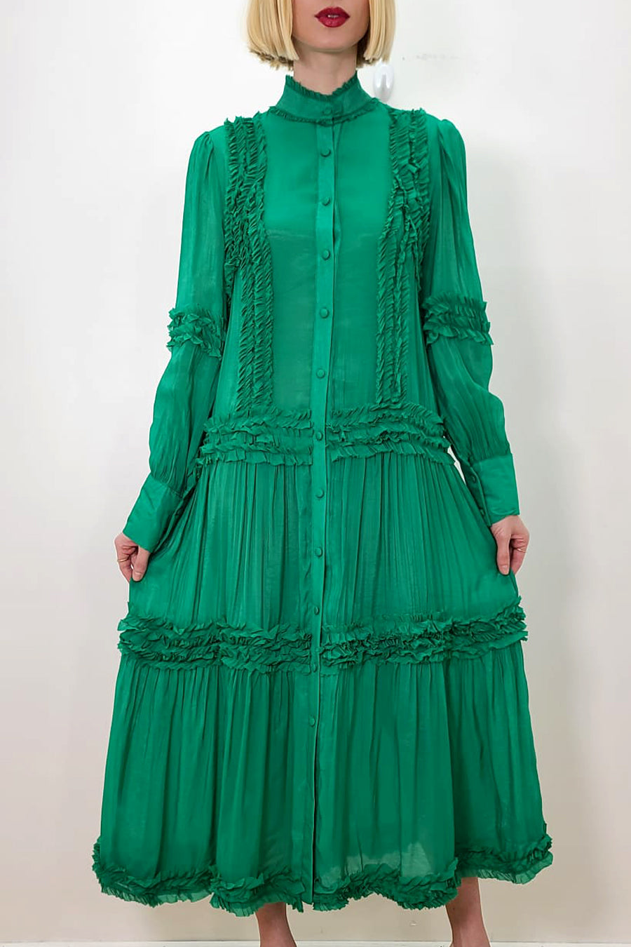 Formal Dresses Long Sleeve Layered Button Down Chiffon Dress Green