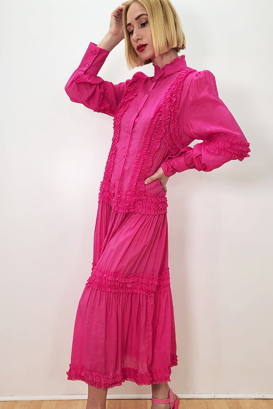 Formal Dresses Long Sleeve Layered Button Down Chiffon Dress Pink