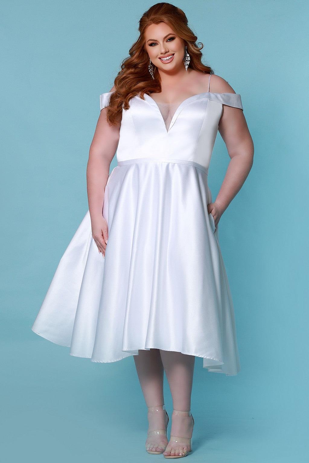 Plus Size One Shoulder Tea Length Wedding Dress