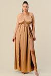 Formal Dresses Long Front Cutout Tie Slit Maxi Dress Gold Mocha