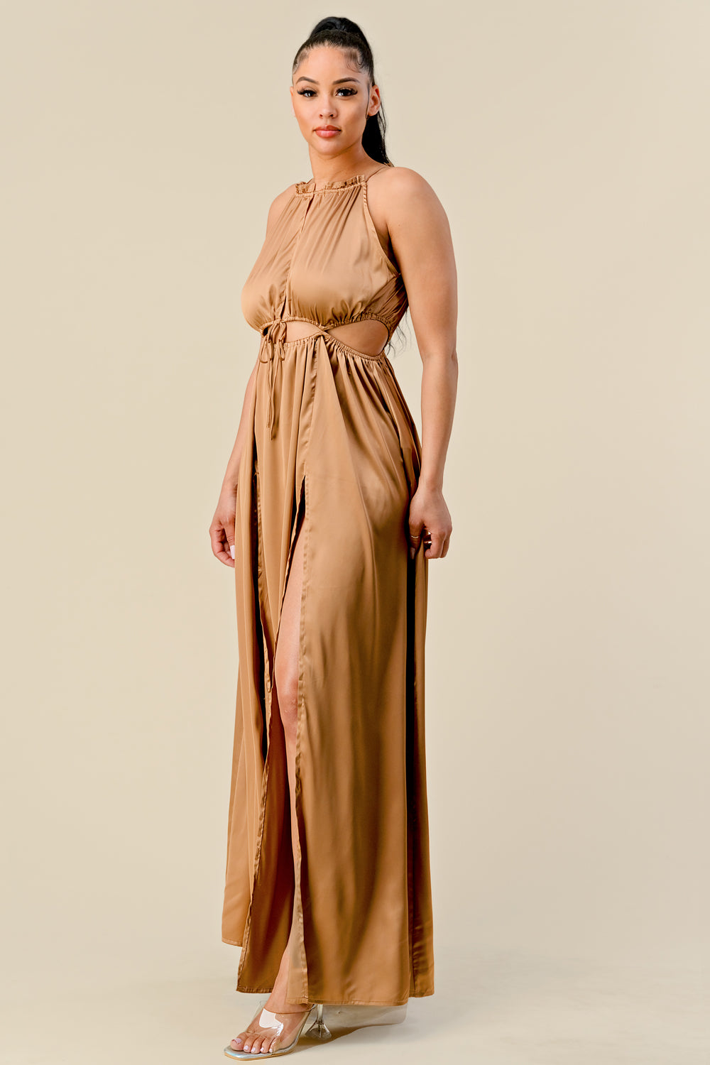 Formal Dresses Long Front Cutout Tie Slit Maxi Dress Gold Mocha