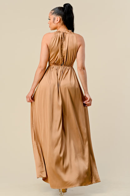 Formal Dresses Long Front Cutout Tie Slit Maxi Dress Gold Mocha