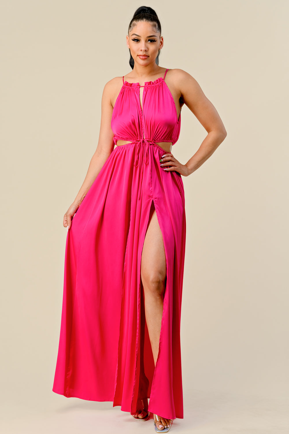 Formal Dresses Long Front Cutout Tie Slit Maxi Dress Pink