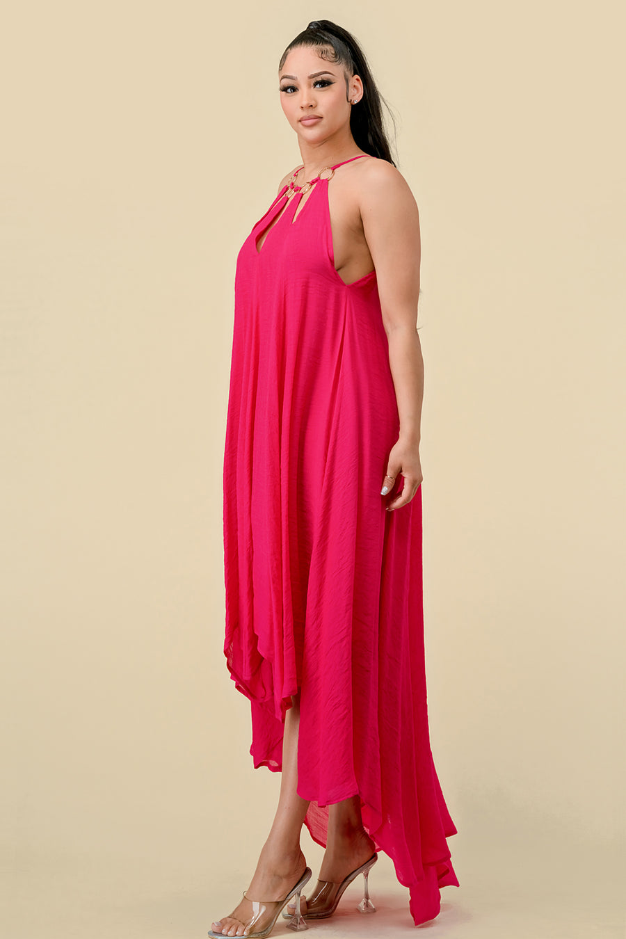 Formal Dresses High Low Halter Maxi Dress Hot Pink