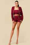 Pant Suit Glittery Sequined Jacket Crop Top Short Set Burgundy