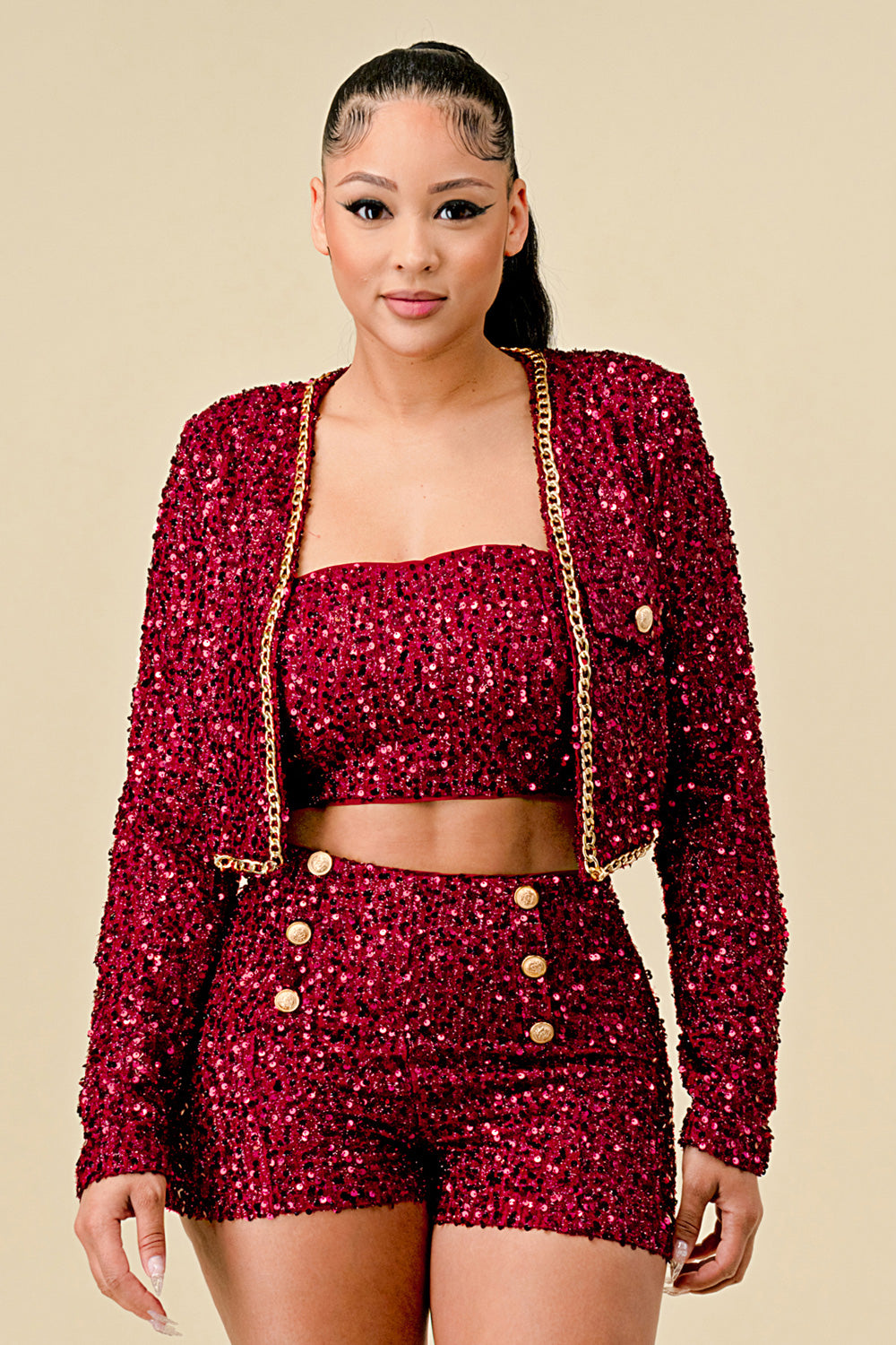 Pant Suit Glittery Sequined Jacket Crop Top Short Set Burgundy