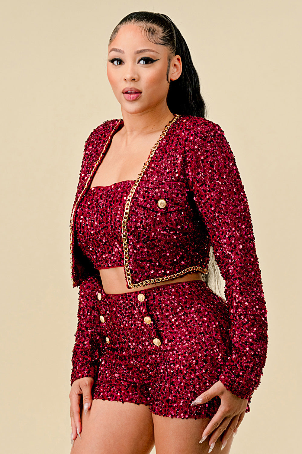 Pant Suit Glittery Sequined Jacket Crop Top Short Set Burgundy