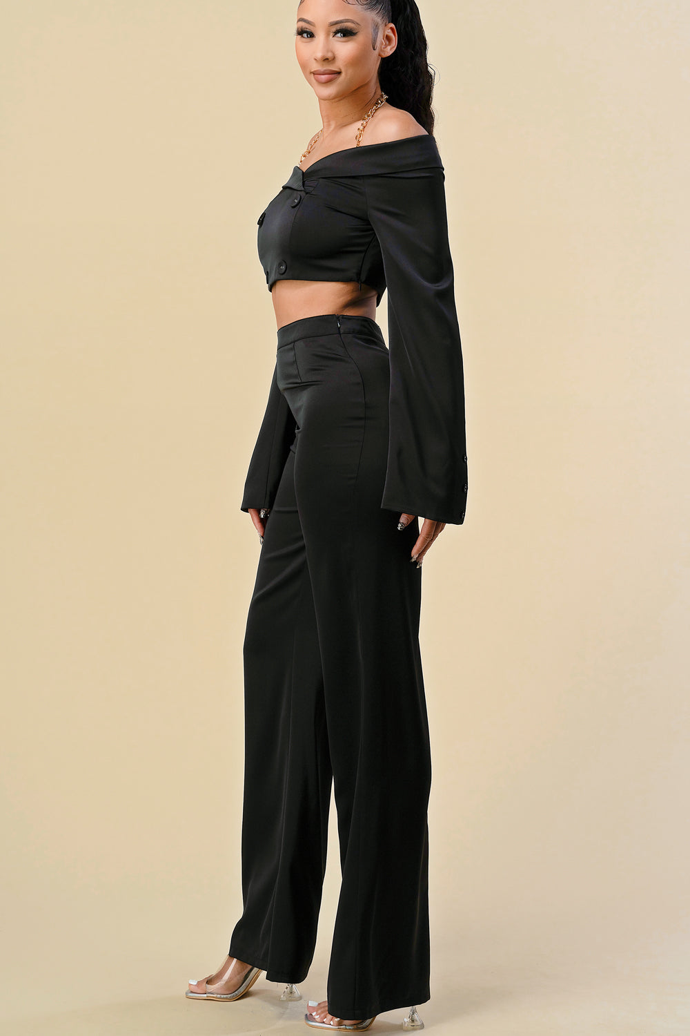 Pant Suit Off Shoulder Chain Halter Crop Jacket Pant Set Black