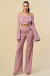 Pant Suit Off Shoulder Chain Halter Crop Jacket Pant Set  Mauve