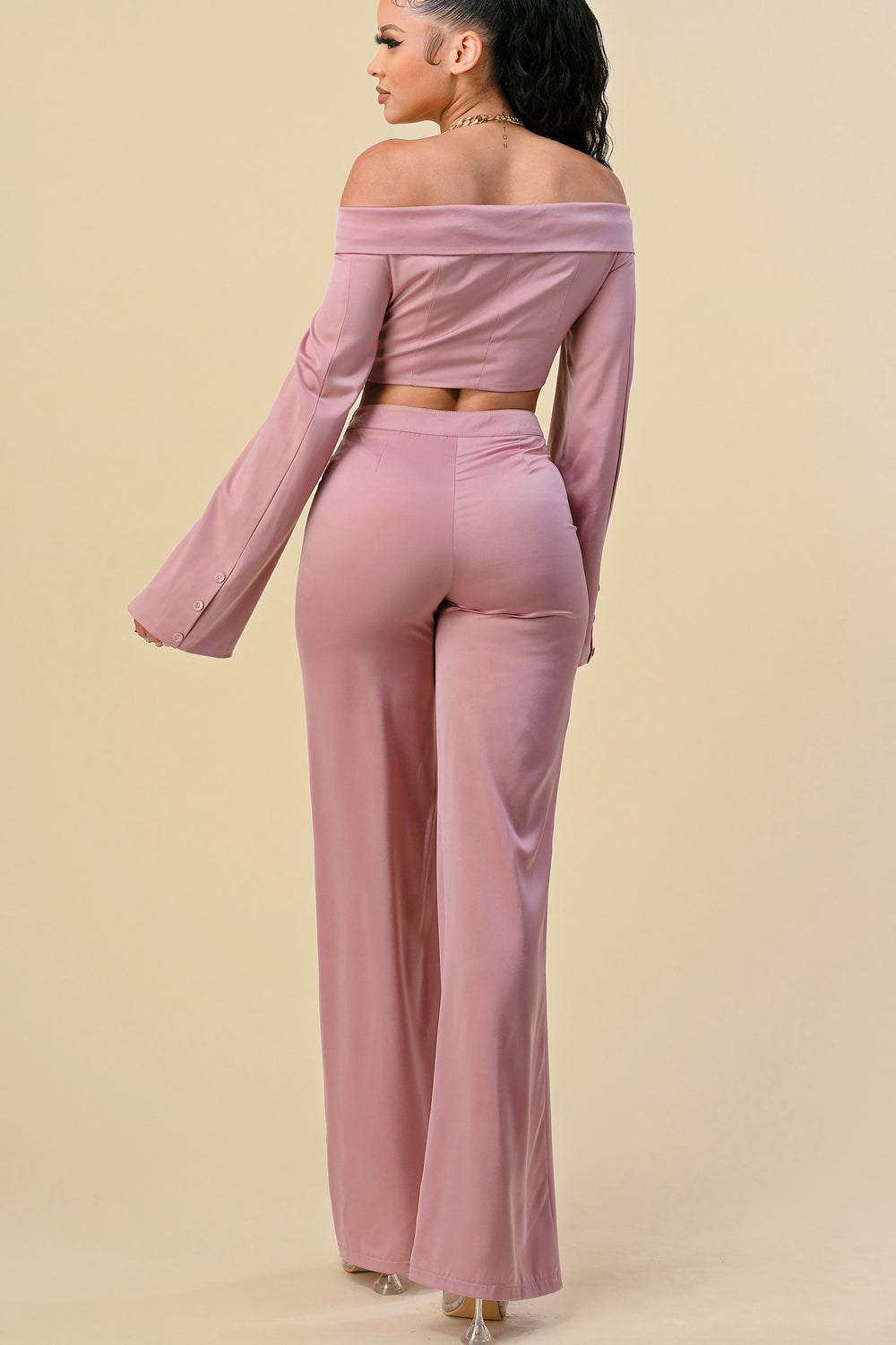 Pant Suit Off Shoulder Chain Halter Crop Jacket Pant Set  Mauve