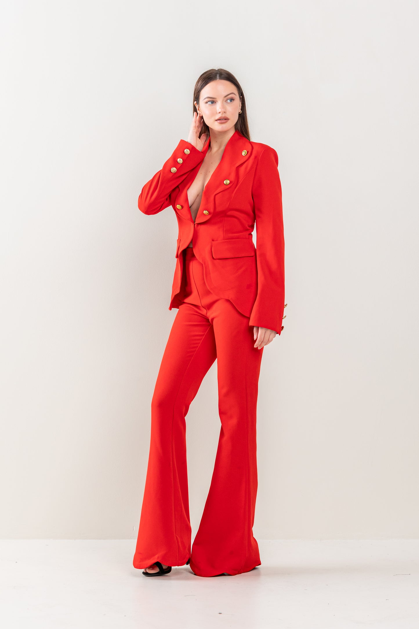 Pant Suit Long Sleeve Button Detail Jacket Pant Set Red