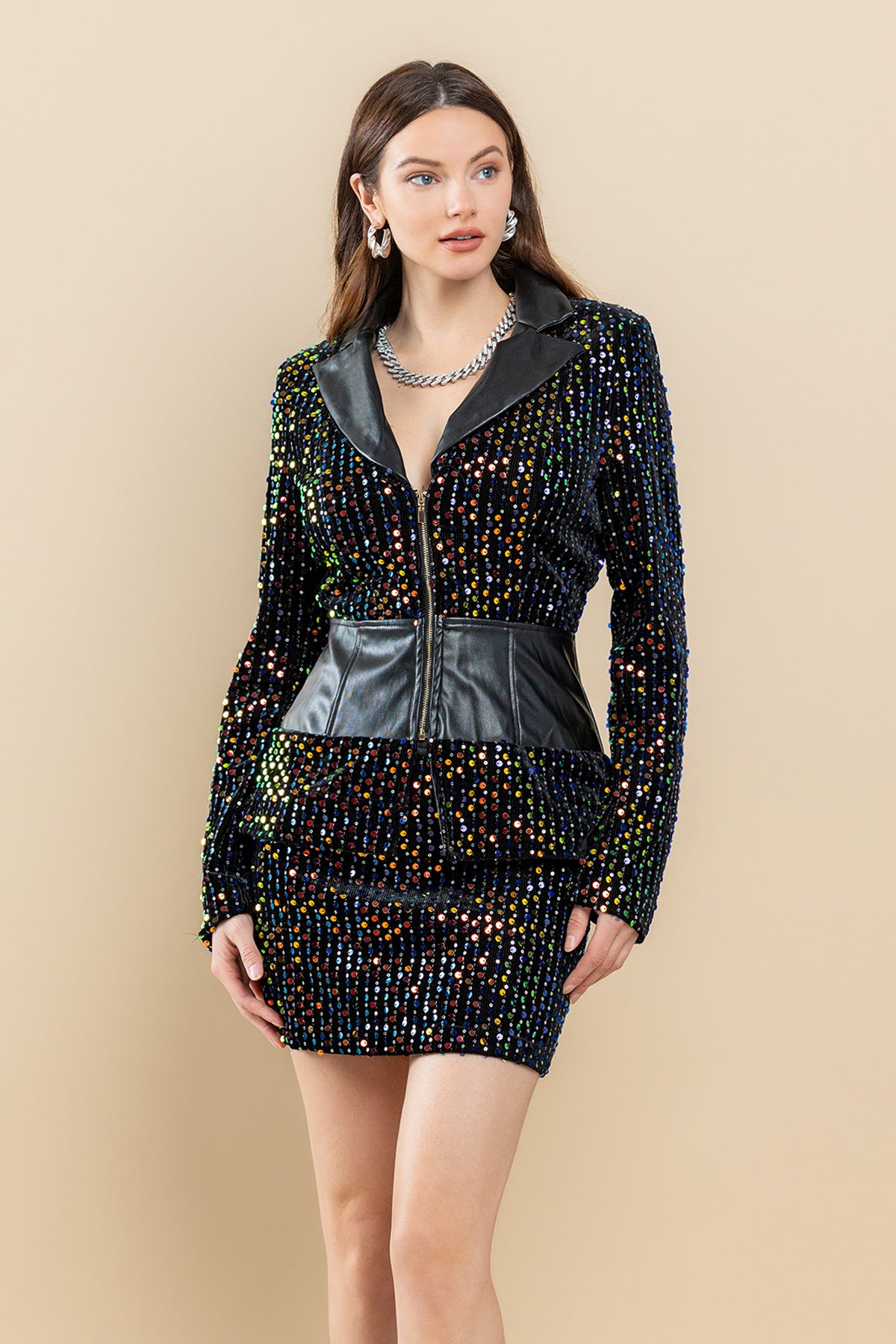 Cocktail Dresses Sequin Zip Up Long Sleeve Jacket Shirt Set Multi