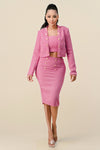 Pant Suit Three Piece Jacket Knee Length Skirt Set Pink