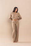 Pant Suit Gingham Pattern Zip Up Jacket Pant Set Mocha