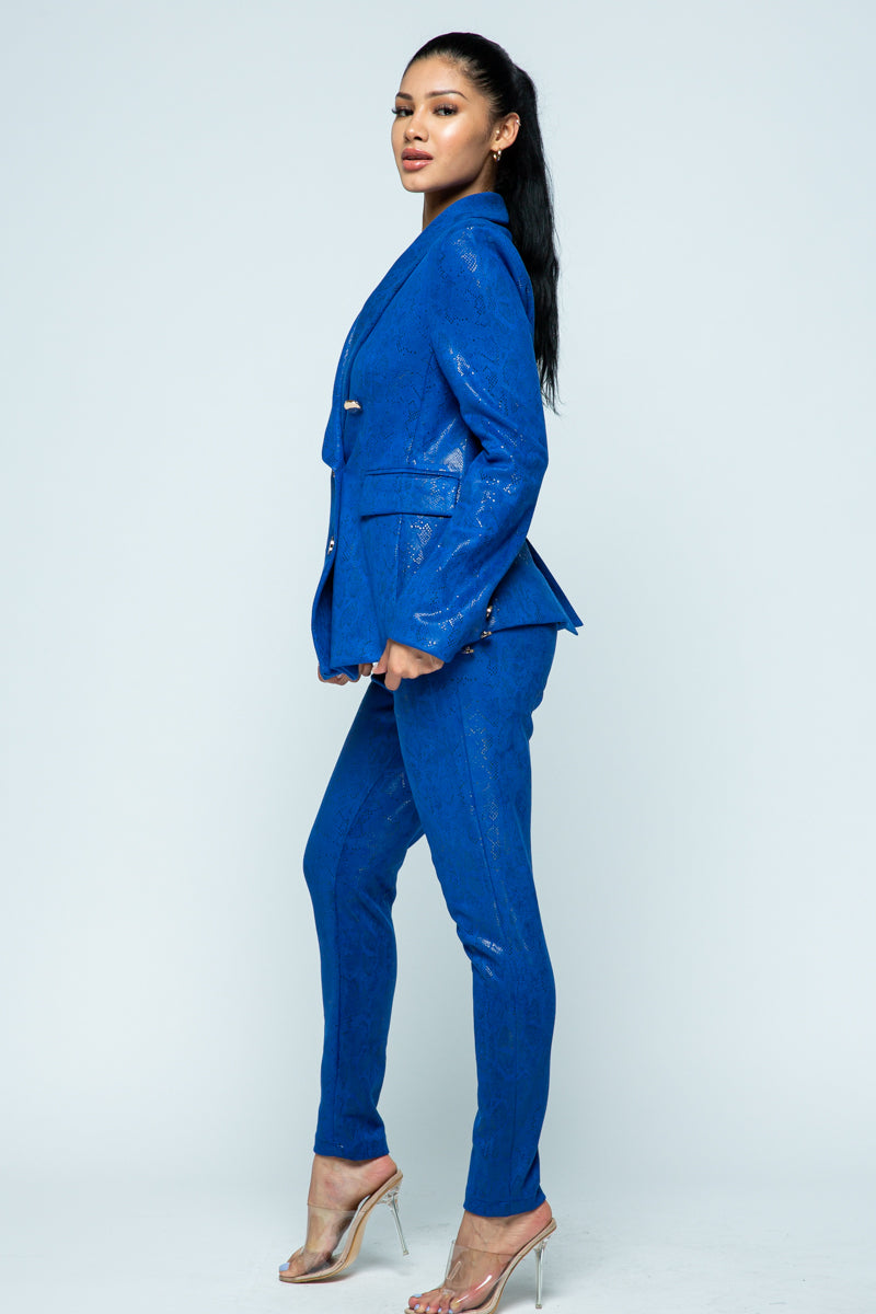 Pant Suit Front Buttons Long Sleeve Jacket Pant Set Royal