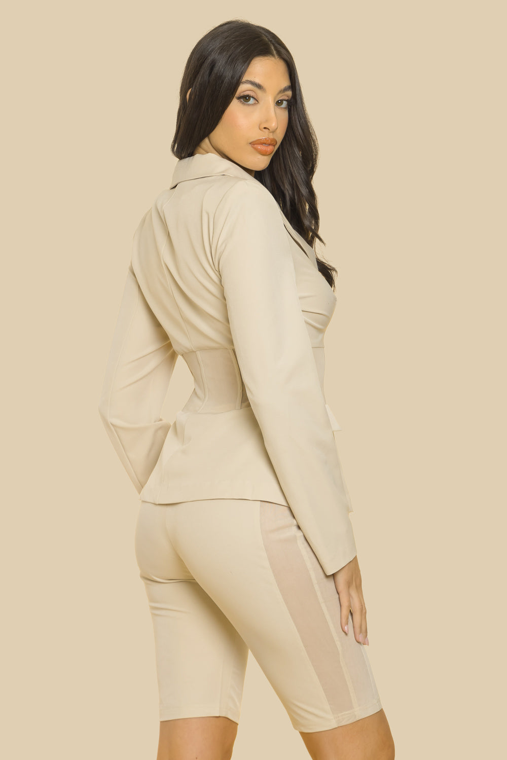 Pant Suit Biker Short Blazer 2 Piece Set Beige